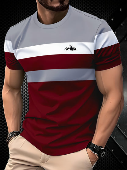 Men's casual crew neck t-shirt with grey, white, and red stripe print. Made of 95% polyester and 5% spandex knit fabric, it has a slight stretch and a regular fit. Weighs 110g/m².