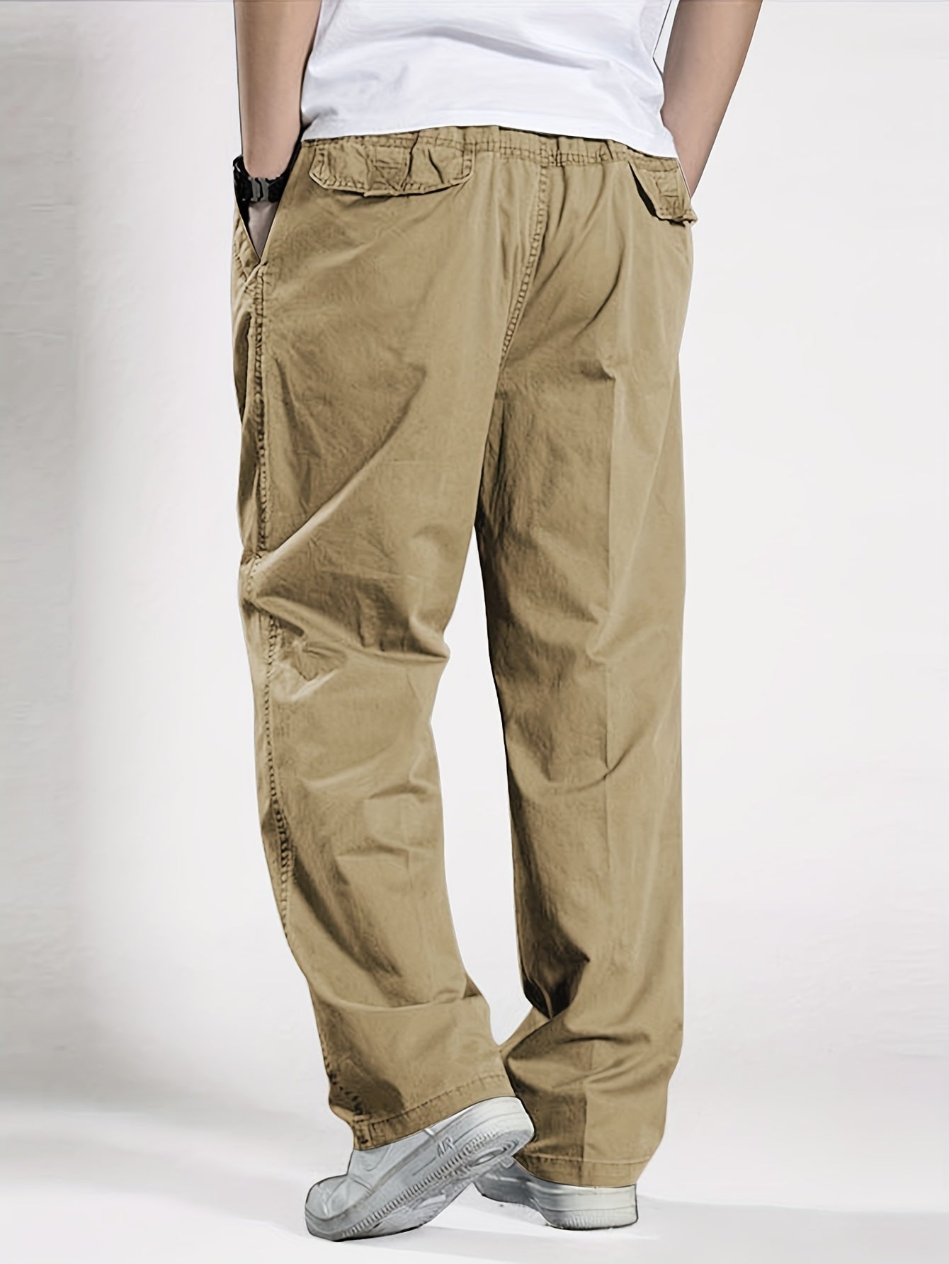 Classic Men's cargo pants with elastic drawstring waist in solid color for Spring/Fall comfort.