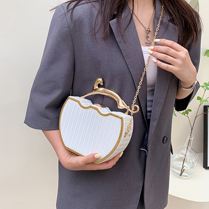 Chic white clip-on bag with gold chain strap, kiss lock closure, detachable shoulder strap, ideal for daily use.