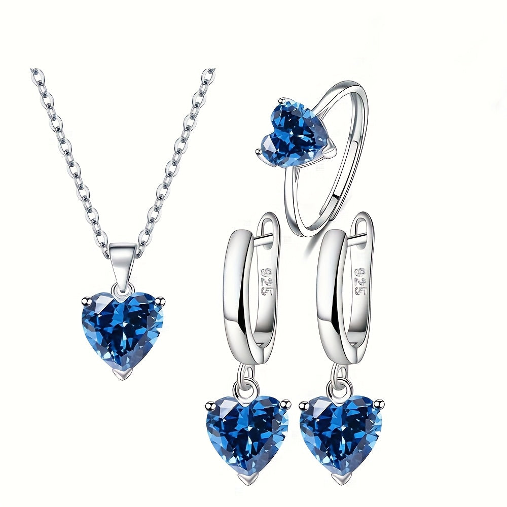 925 Sterling Silver Romantic Heart Zirconia Jewelry Set - Elegant and Sexy Anniversary or Valentine's Day Gift with Necklace, Ring, and Earrings