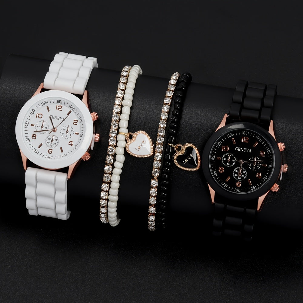 4-piece Fashion Couple Quartz Watch Set with Colorful Love Magnetic Necklace, Personalized Number Scale Round Dial and Simple Soft Strap. Ideal gift for couples, perfect for Valentine's