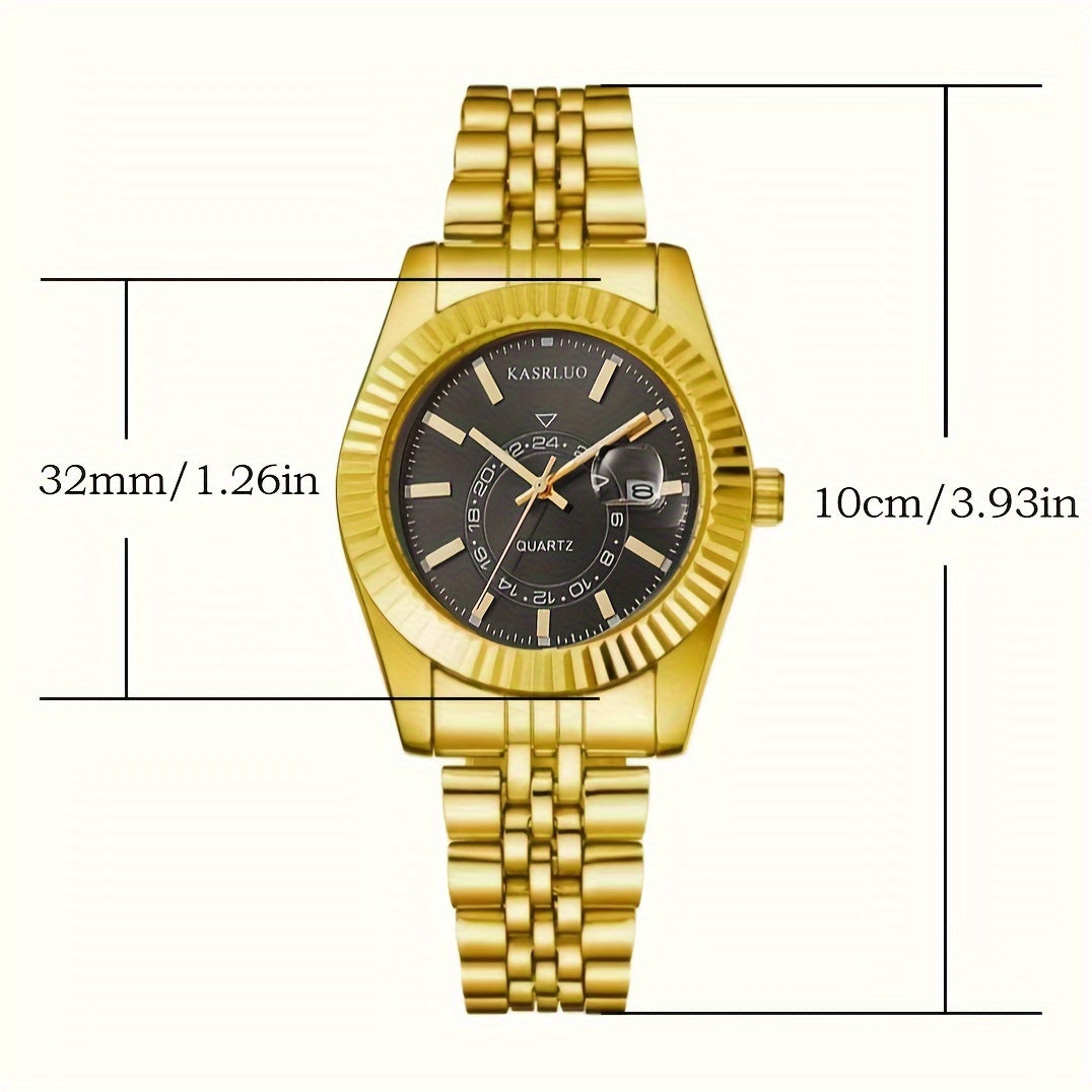 KASRLUO Elegant Women's Gold-Tone Quartz Watch with Date Display, Roman Numerals, Adjustable Crown - Stylish Alloy Case & Band, Sophisticated Timekeeping, Stainless Steel Band, Fashion