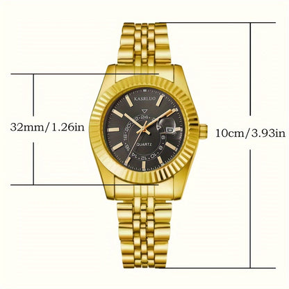 KASRLUO Elegant Women's Gold-Tone Quartz Watch with Date Display, Roman Numerals, Adjustable Crown - Stylish Alloy Case & Band, Sophisticated Timekeeping, Stainless Steel Band, Fashion