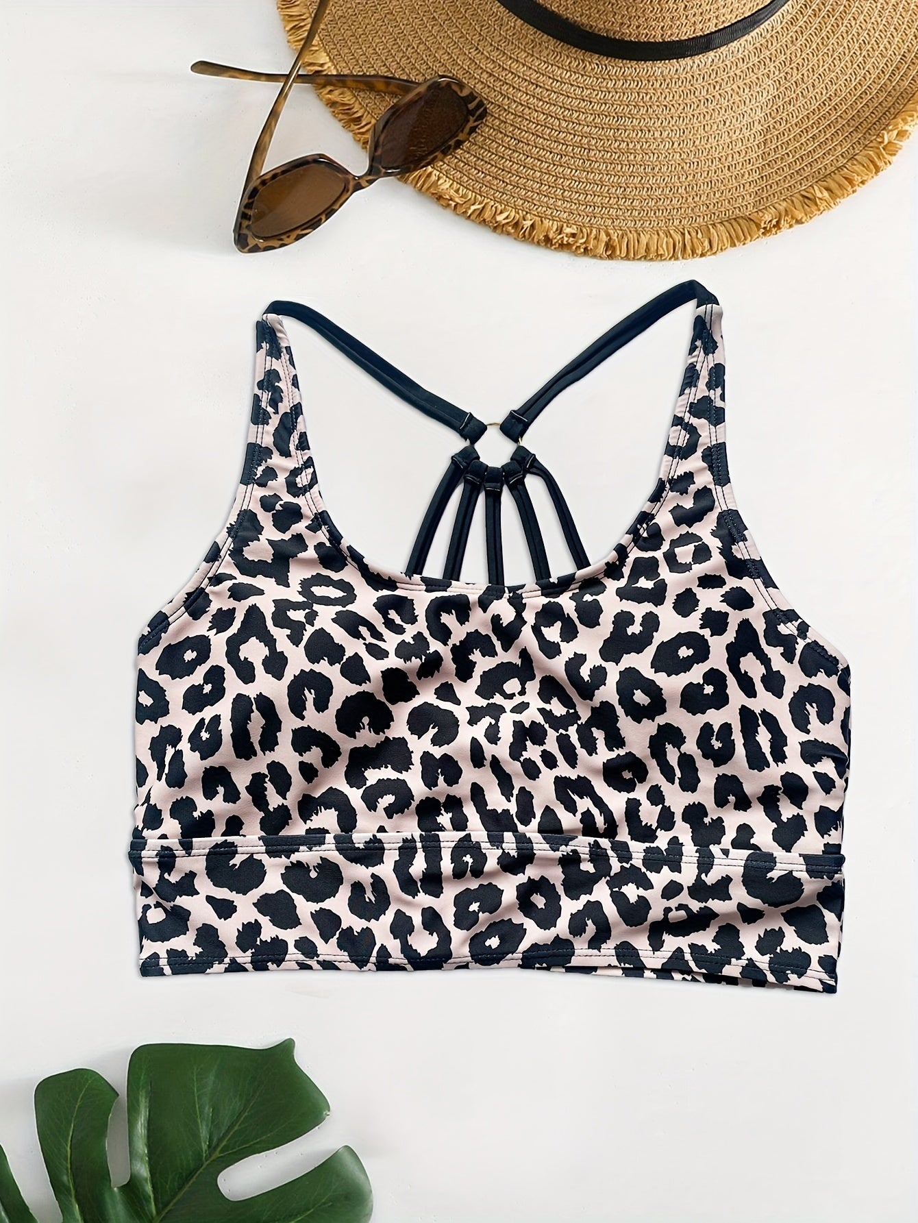 Leopard print swim top with ring-linked back, slim fit high-stretch for casual beach wear.