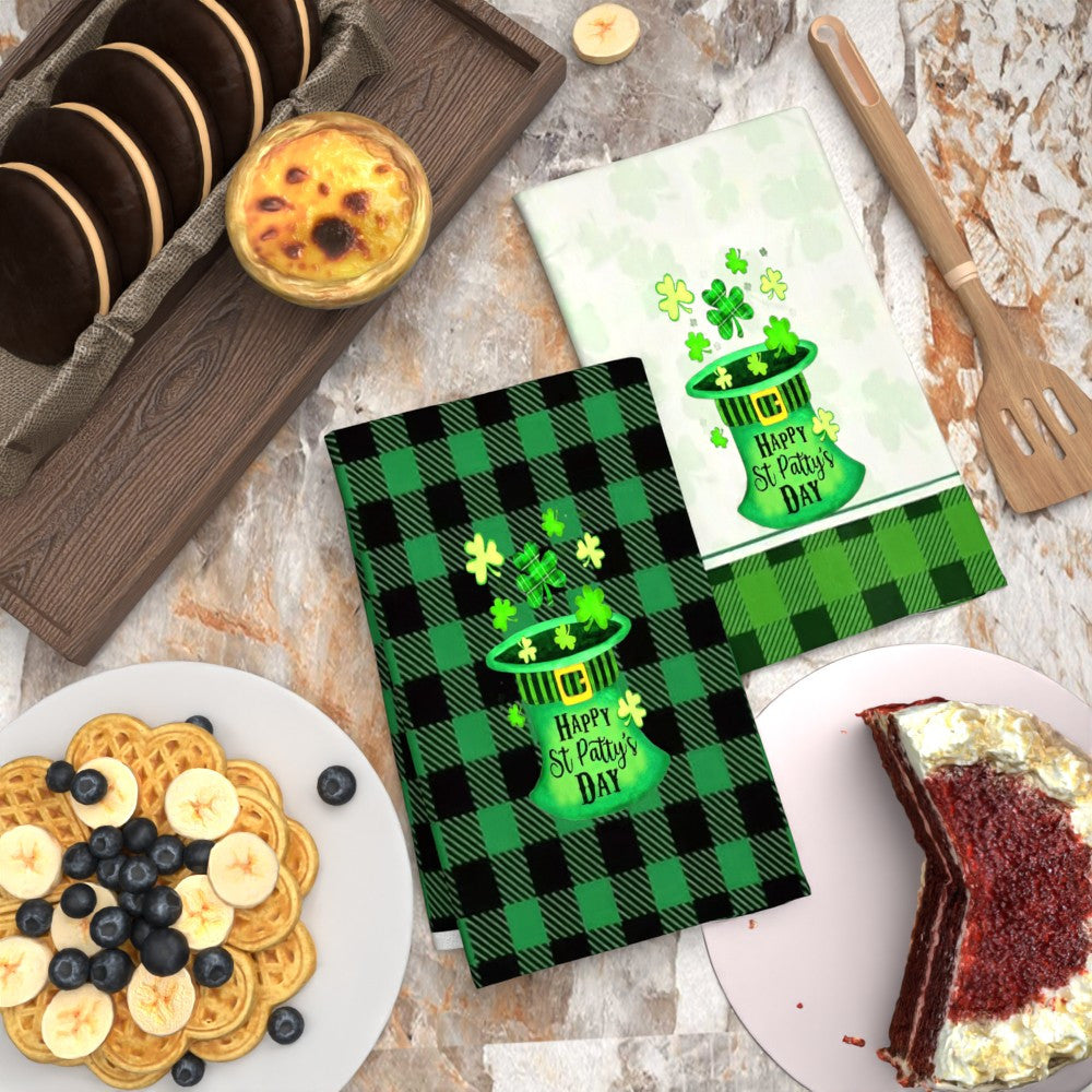 Two pieces of ultra-soft St. Patrick's Day tea towels measuring 45.72x66.04cm. These quick-dry, highly absorbent polyester dish towels feature a charming leprechaun hat and shamrock design, making them ideal for both home use and gifting. Add a festive