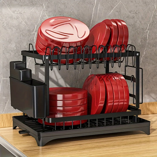 Black 2-Tier Over Sink Dish Rack with Drainboard, Removable Utensil Holder, Cup Rack, and Cutlery Organizer - Metal and Plastic Kitchen Accessory Set, No Power Needed