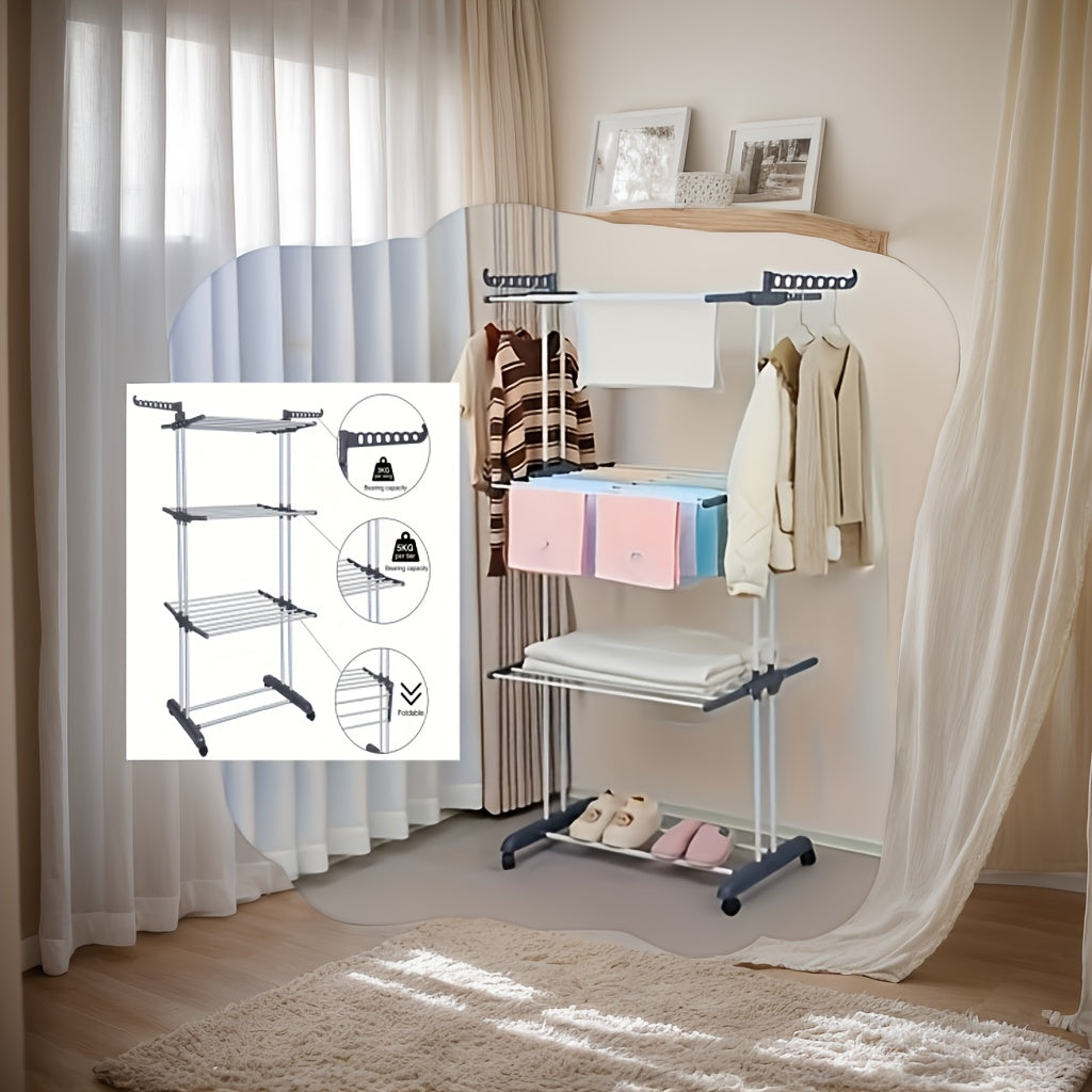 Expandable and foldable 3-tier metal clothes rack for indoor/outdoor use. Freestanding and space-saving design perfect for balcony storage and home laundry drying.