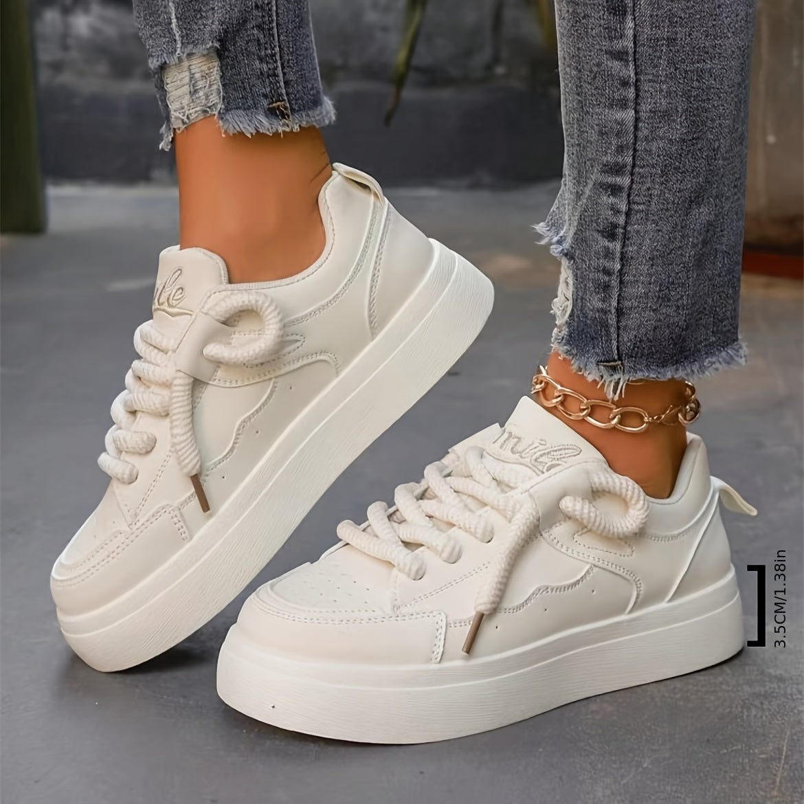 Casual Lace-Up Platform Sneakers for Women, Solid Color with Soft Sole