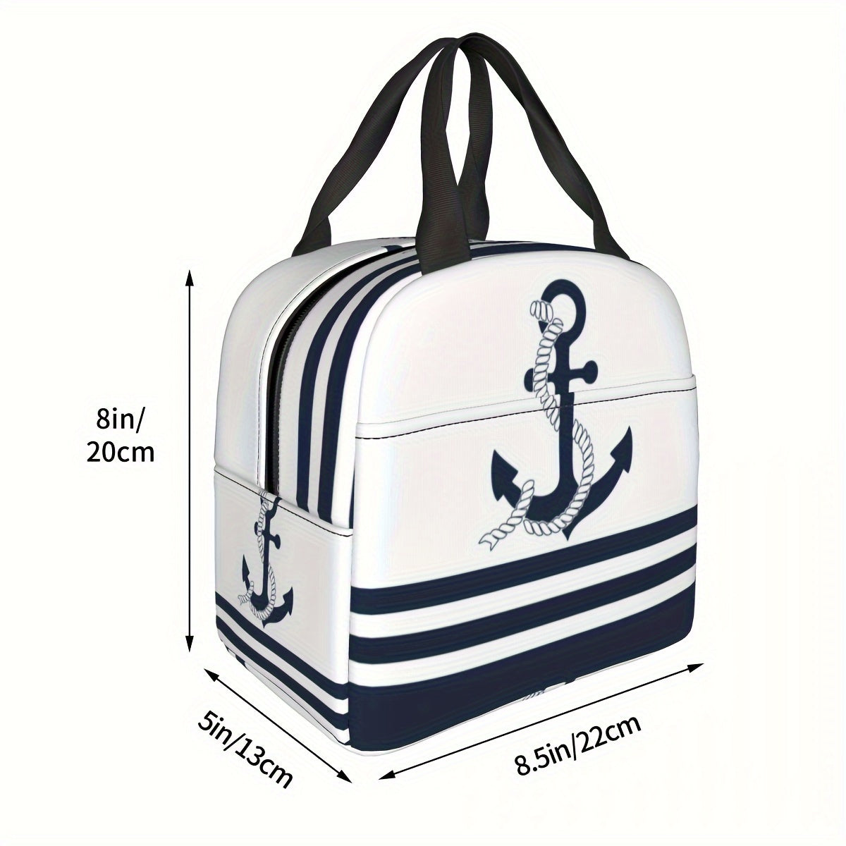 Stay stylish and organized with our Nautical Blue Anchors Insulated Lunch Bag. This durable and waterproof Oxford cooler tote features classic blue and white stripes, making it perfect for back-to-school or outdoor picnics. With a large capacity, this