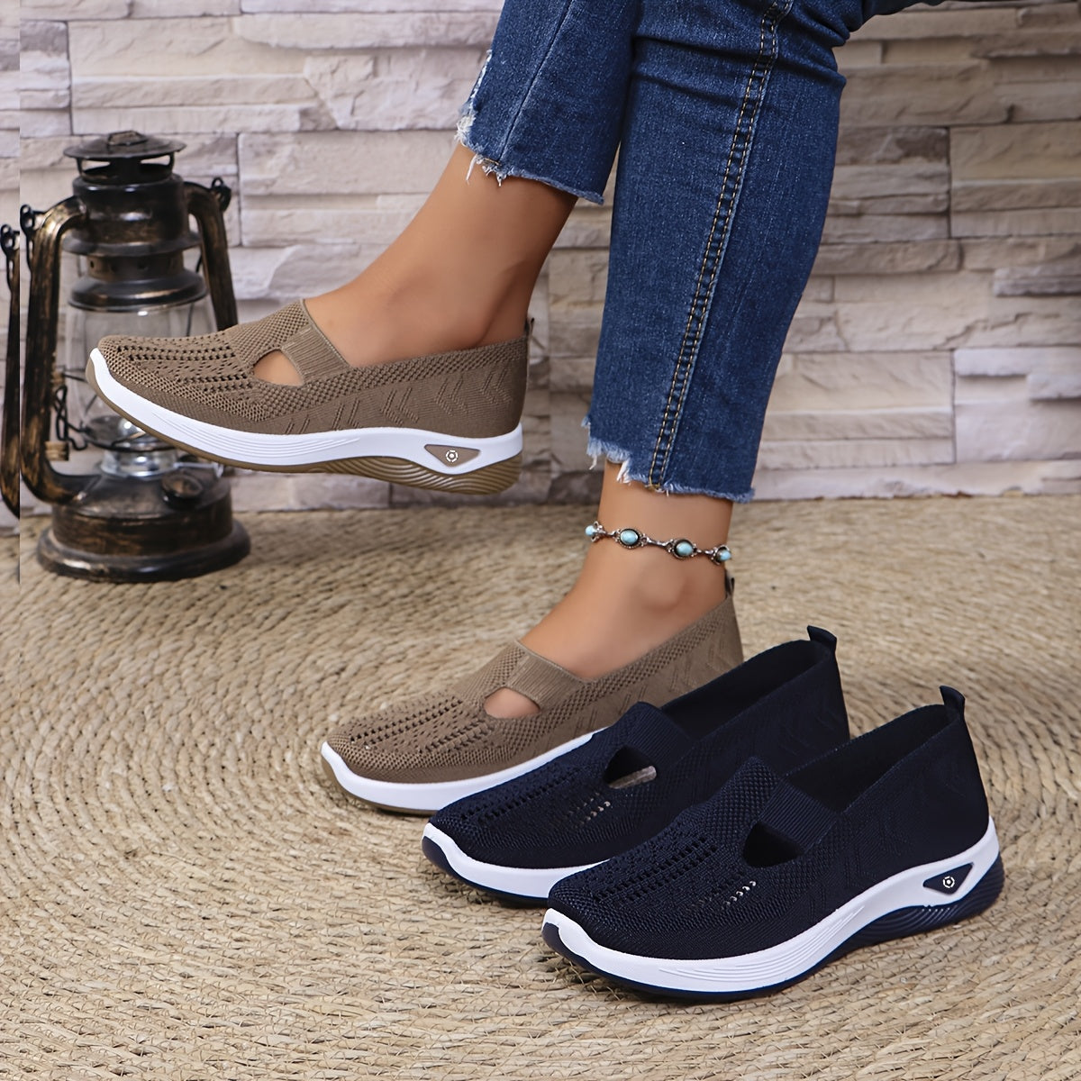 Women's lightweight knitted sneakers with PVC sole, fabric insole and upper, all-season wear, slip-on closure, machine washable.