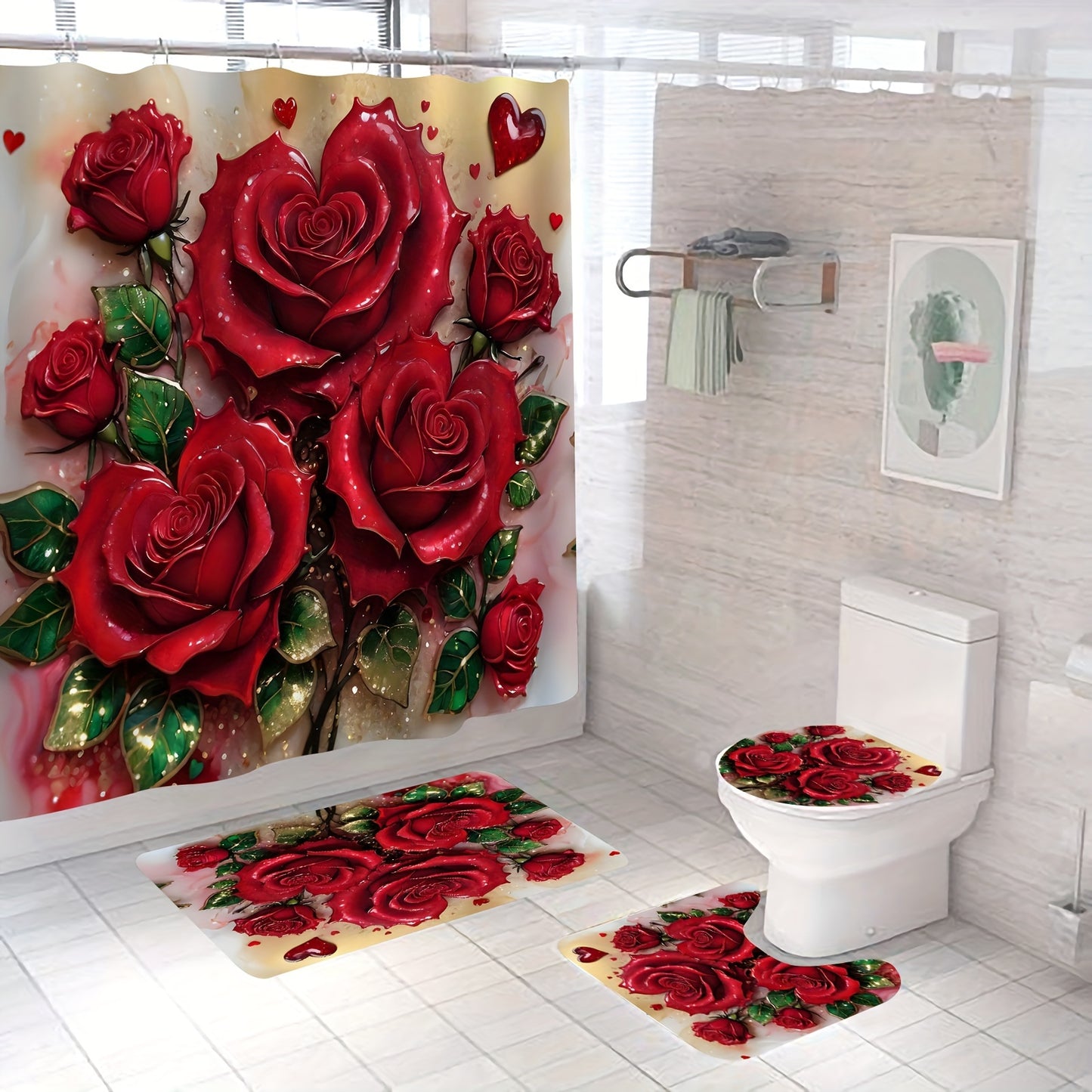 Valentine's Day bathroom set with red rose shower curtain, 12 hooks, non-slip bath rug, U-shape mat, and toilet lid cover pad.