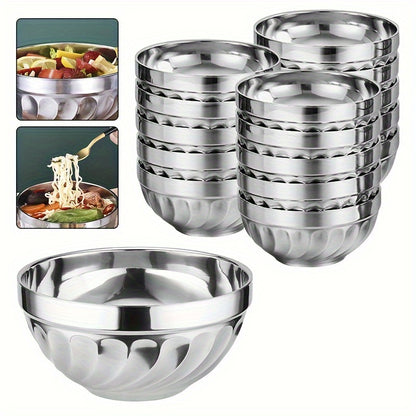 5 stainless steel bowls with double-layered heat insulation, suitable for serving salads, noodles, soups, desserts, and ice cream. Dishwasher safe and suitable for kitchen utensils and tableware.