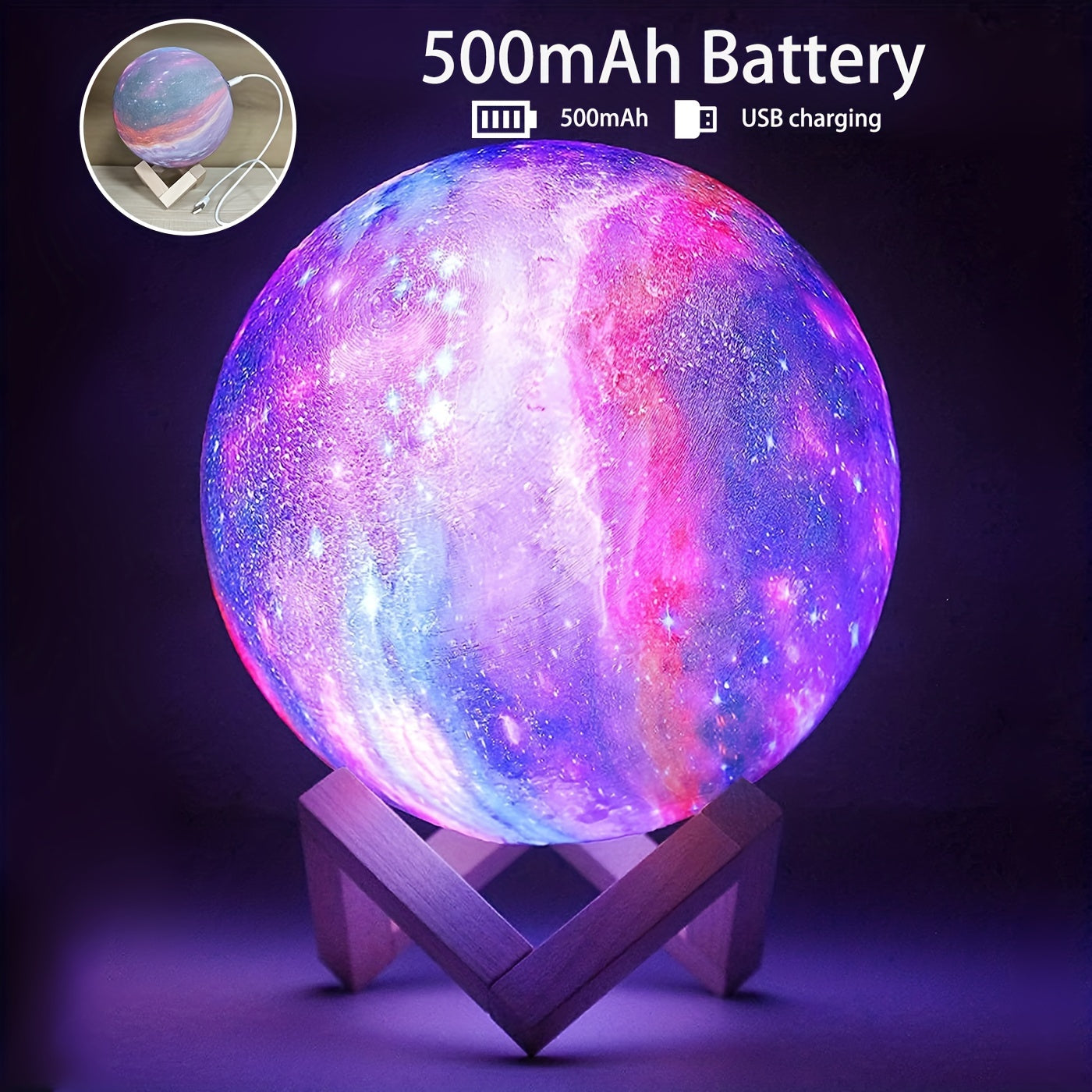 1pc Upgraded Starry Moon Lamp features timing function, rechargeable capabilities, touch & remote control, adjustable light, and 16 LED colors.