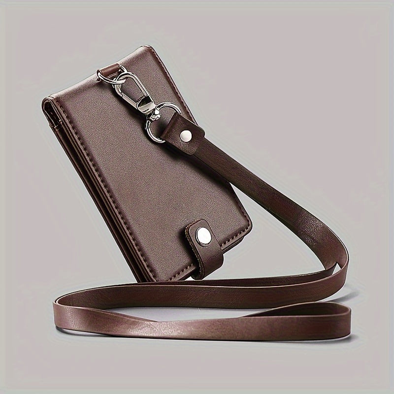 Leather ID card holder with lanyard, 5 card slots, PU leather, English text, formal business accessory.