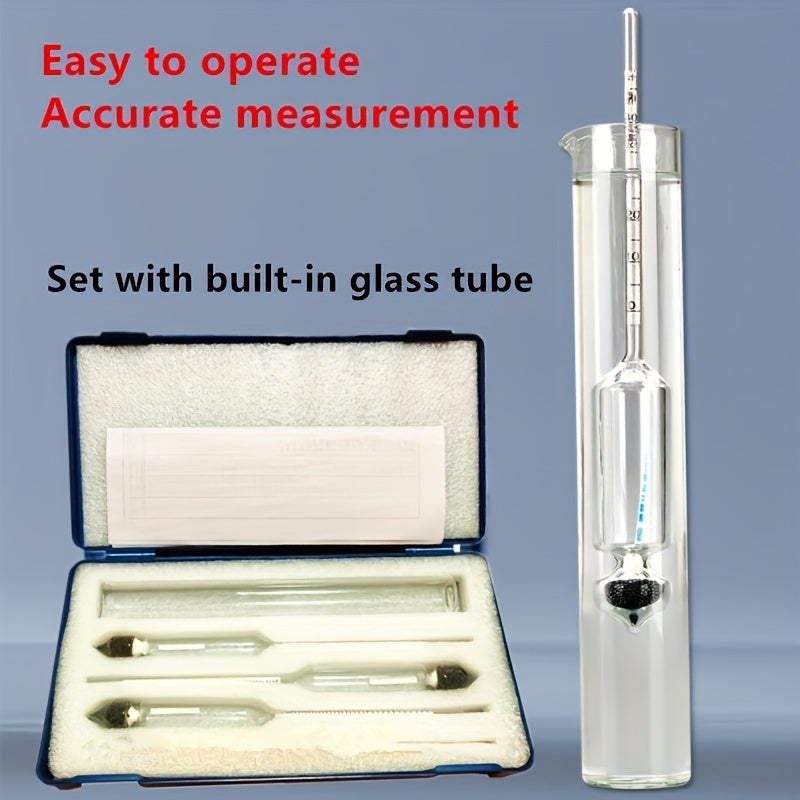 Alcohol testing kit with three test tubes for home brewing, liquor concentration, hygrometer, and density check.