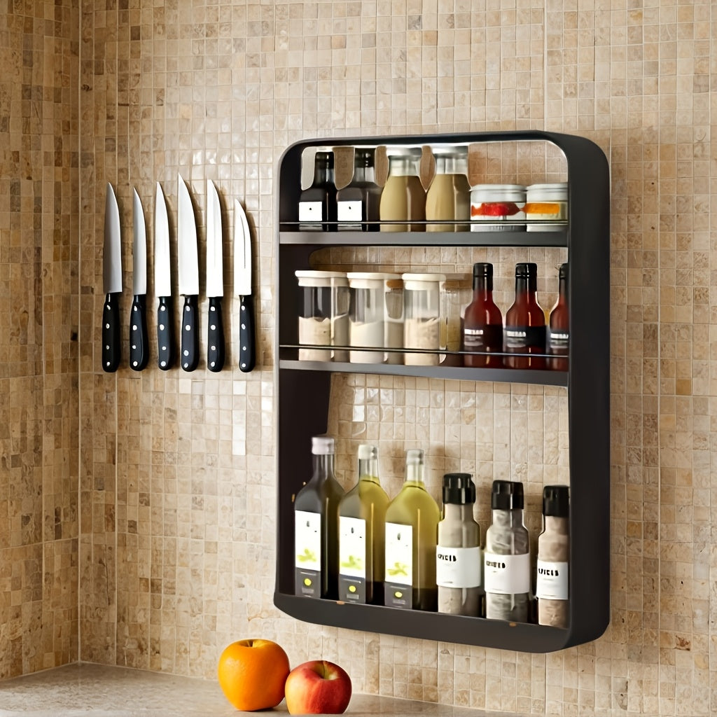 Metal Spice Rack, can be wall-mounted for space-saving storage in the bathroom. Perfect for organizing cosmetics and accessories with its multifunctional design.