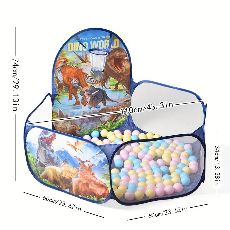 Pop-up play tent with ball pit for toddlers, featuring ocean ball fence and unique bird & dinosaur themes, made of polyester fabric and steel frame. Great gift for boys and girls aged 12