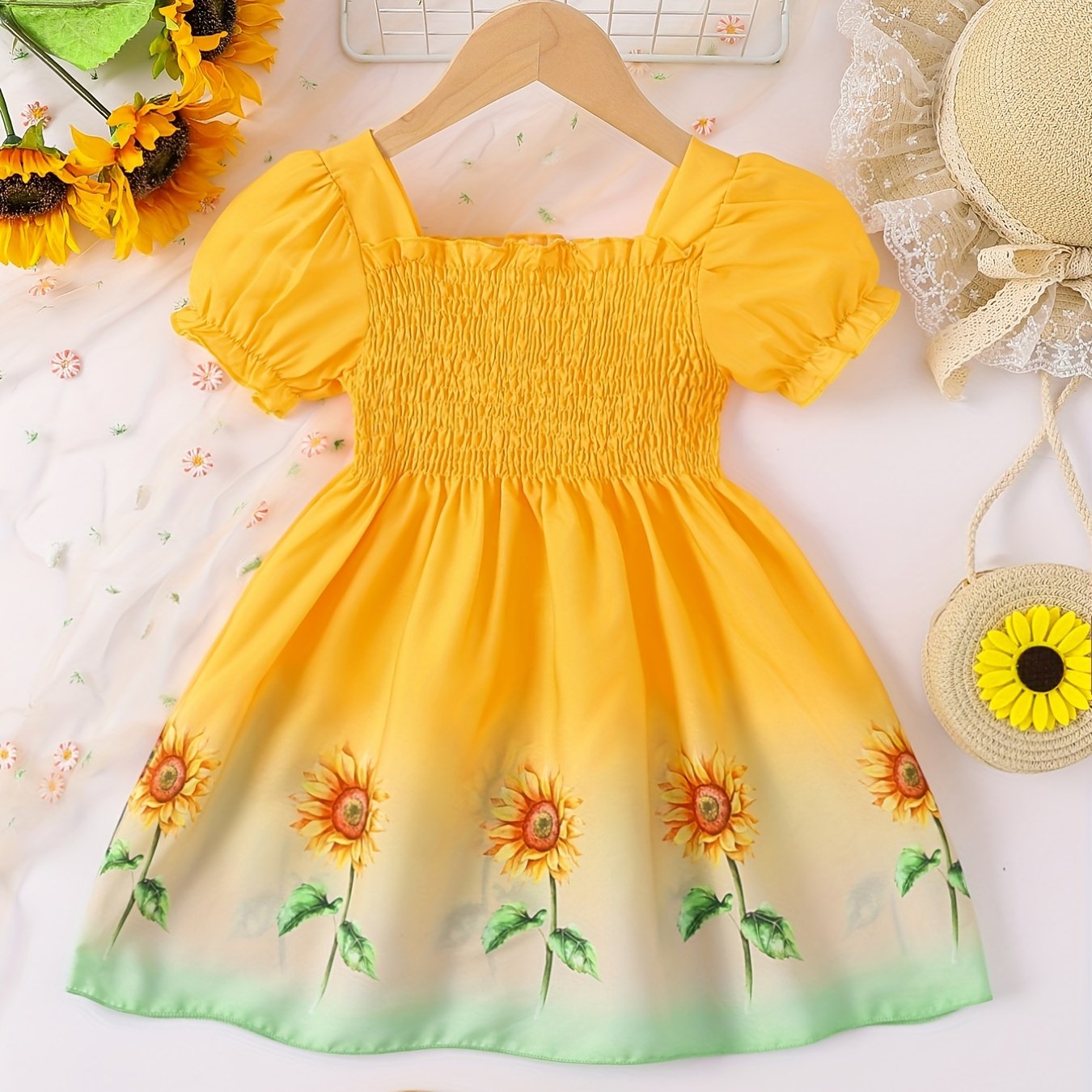 Girls Ombre Sunflower Pattern Princess Dress for Kids Casual Summer 4th Of July.