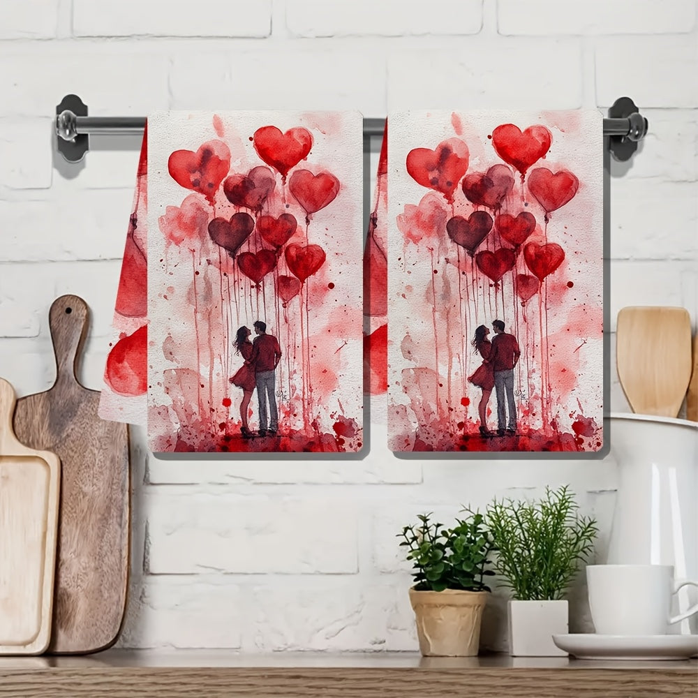 Two pieces of Romantic Valentine's Day kitchen towels made from ultra soft and highly absorbent polyester. Each towel measures 40.64x60.96 cm and is machine washable. Featuring a festive heart balloons design, these towels are perfect for adding some