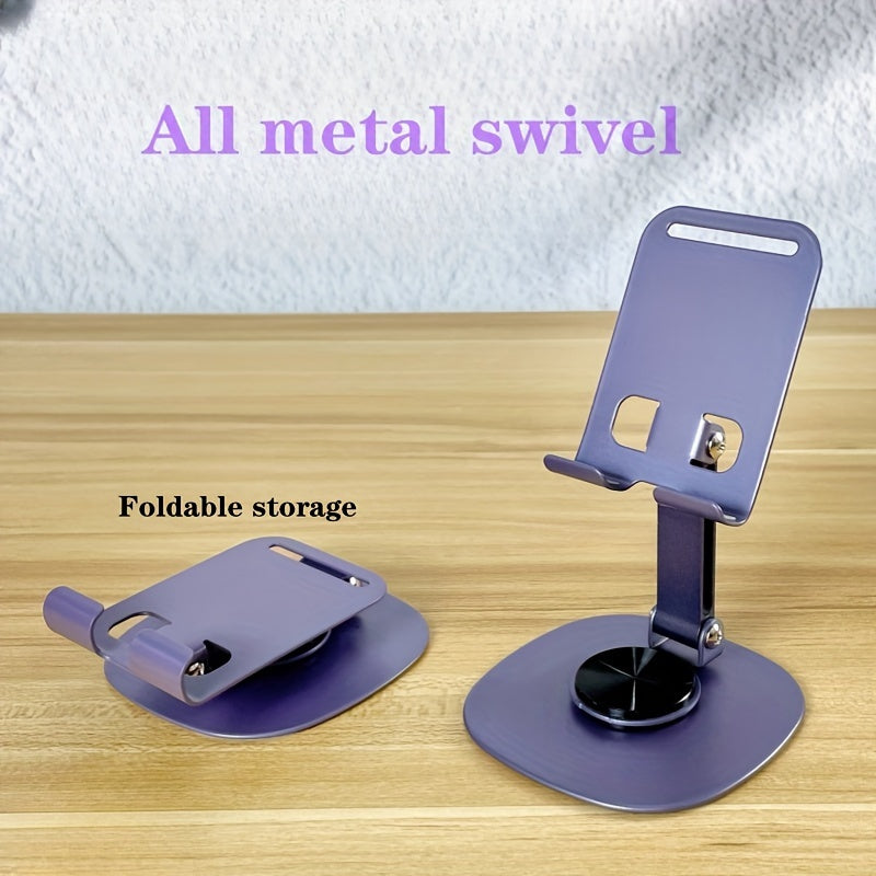 Metal mobile phone holder with 360º rotation, folding design, and adjustable angles. Suitable for all phone and tablet models, ideal for office or online courses.