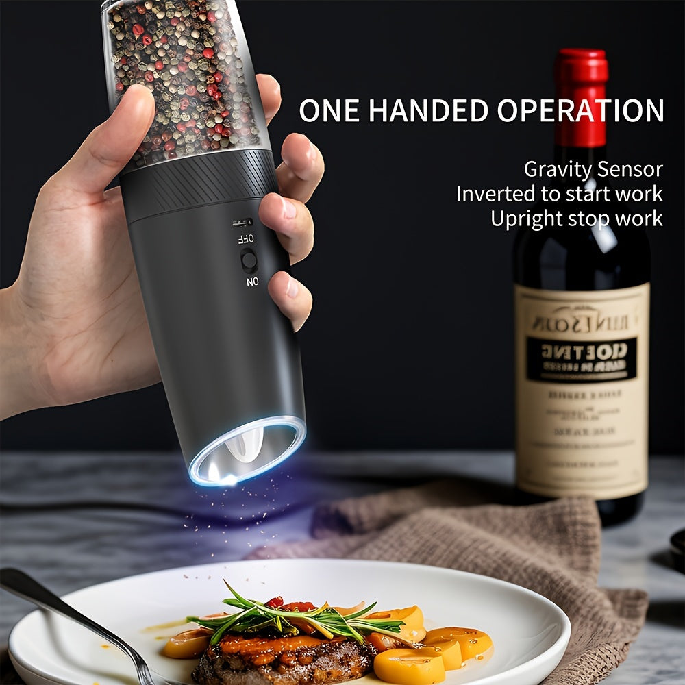 Electric Salt and Pepper Grinder Set with Gravity Operation, Rechargeable via USB, 300mAh Lithium Battery, Made of ABS Material, Easy One-Handed Use, Perfect for Holiday Season, Available in Single or Dual Pack.