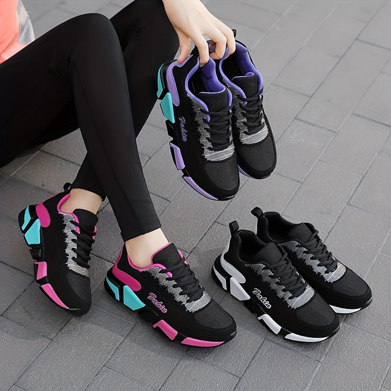 Women's Colorblock Sports Shoes: Casual lace-up sneakers for running and walking with breathable design.