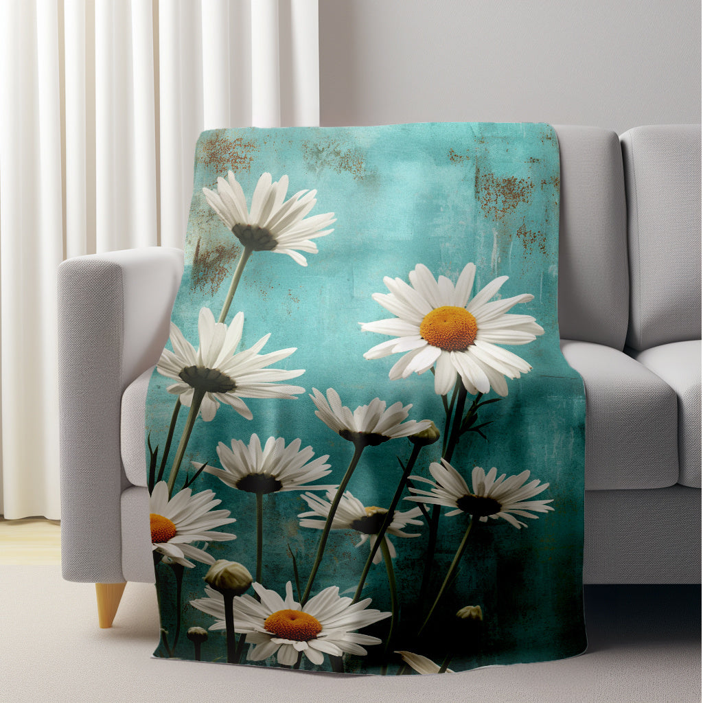 Soft and cozy Flannel Fleece Throw Blanket featuring a beautiful White Daisy Floral Pattern. This lightweight, all-season blanket is made of knitted polyester, making it perfect for use at home or while traveling. It is washable and can be used for