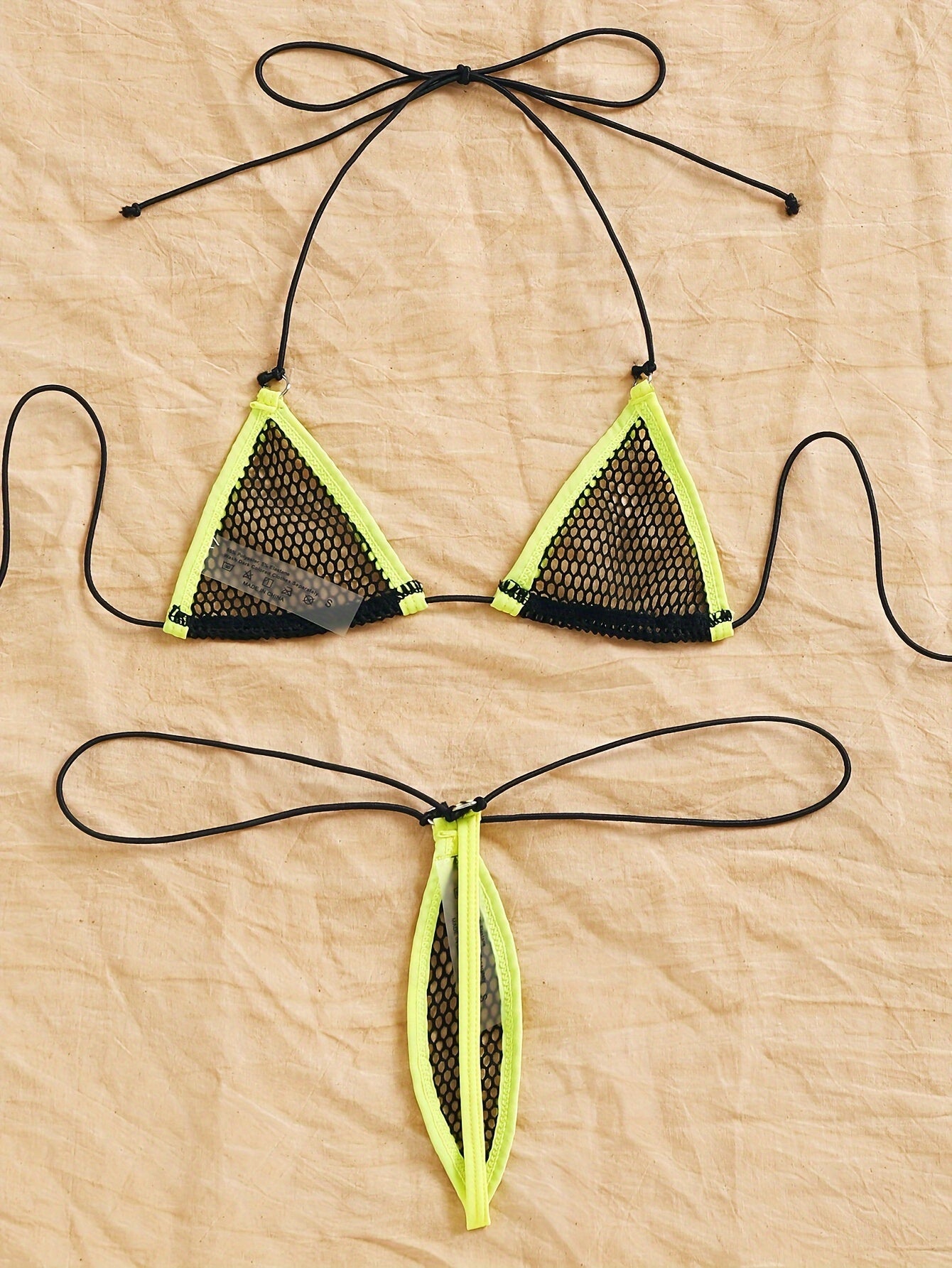 Halter lingerie set with colorblock design, hollow out triangle bra and thong. Sexy women's underwear.