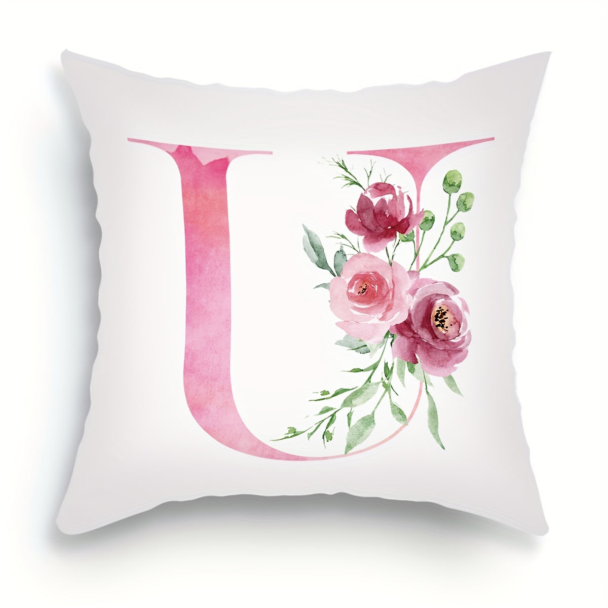 18x18 inch Alphabet Floral Pillow Cover featuring A to Z English Letters in pink print. Ideal for adding a contemporary touch to sofa, living room, or bedroom decor. Single-sided printing, insert not included.