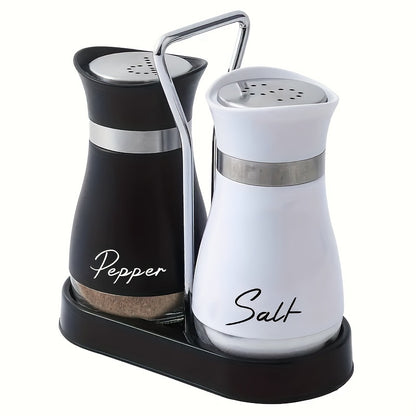 A set of salt and pepper bottle sets with 1 stand and 2 bottles. Glass bottom jars with stable stand, used for kitchen utensils, cooking tables, RVs, camping, barbecues, and seasoning.