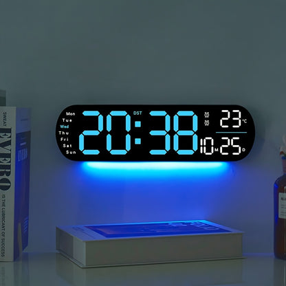 Multifunctional LED wall clock with remote control. Features dual alarm, date and week display, auto-dimmable brightness, 12/24H format, and USB powered. Includes night light and ideal for