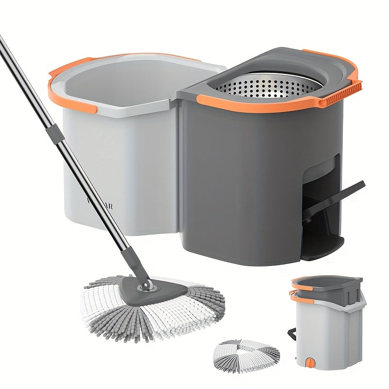 The EasyWring Microfiber Spin Mop and Bucket Set is perfect for cleaning your bedroom, bathroom, kitchen, and living room. It features a built-in cleaning solution compartment and operates manually without the need for electricity.