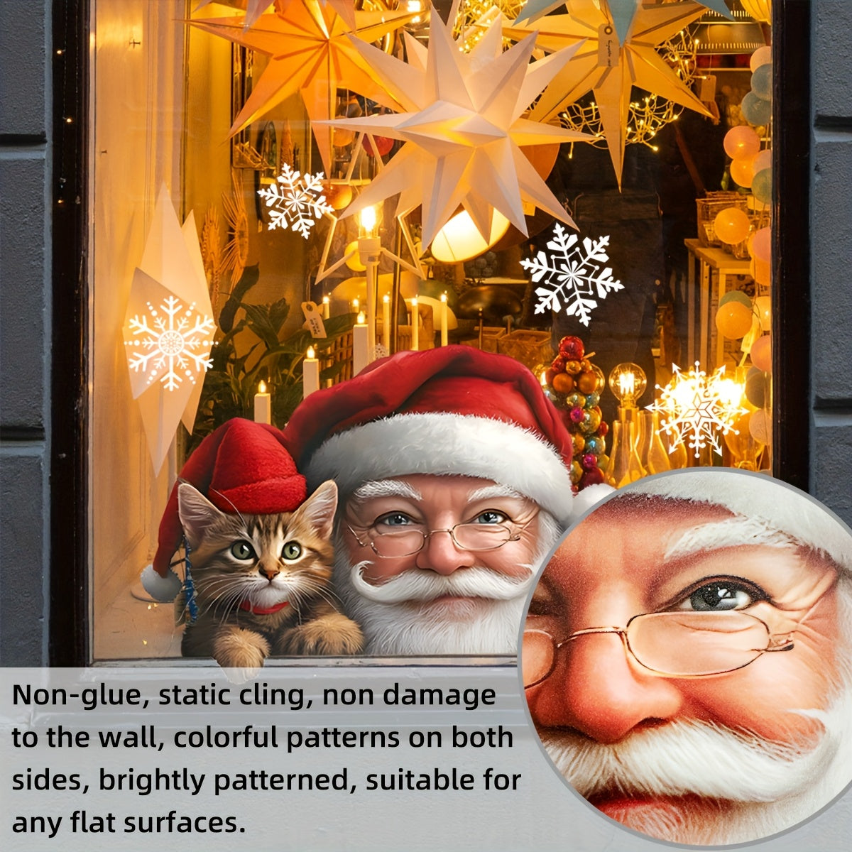 Santa Claus and Cat Christmas glass sticker with double-sided static cling, perfect for plastic surfaces. This self-adhesive window decal is made of 20-silk PVC and is perfect for festive holiday decor. Item D13508-KN is for single use only.