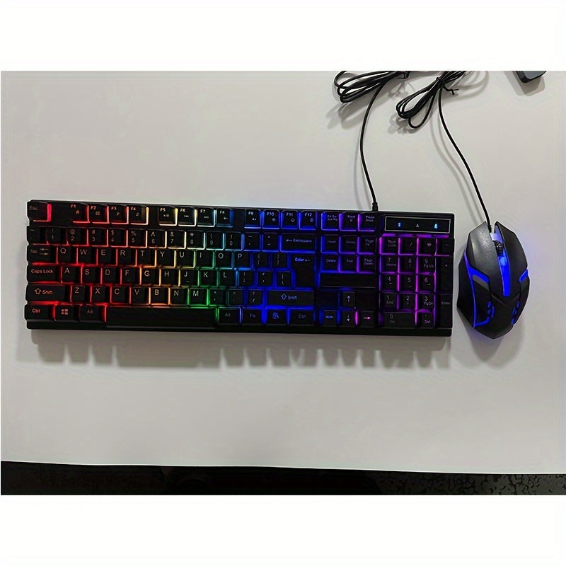 LED-lit wired keyboard and mouse set with mechanical feel for gaming and office use.