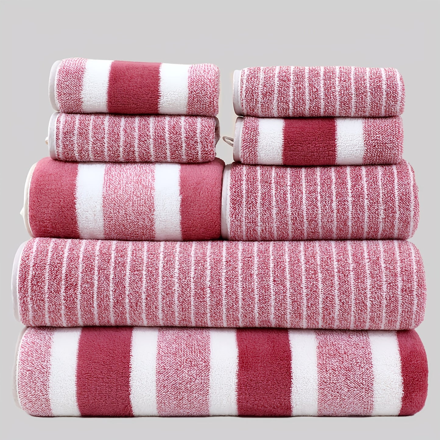 8 narrow strip sports bath towels suitable for bathroom, hotel, fitness, and spa. Includes 2 bath towels, 2 hand towels, and 4 square towels.