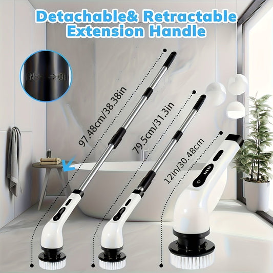 Introducing the compact and powerful Electric Cleaning Brush with Rotating Floor Washing capabilities. This wireless device comes with 7 interchangeable brush heads and an adjustable extended handle for versatile cleaning. Perfect for bathrooms