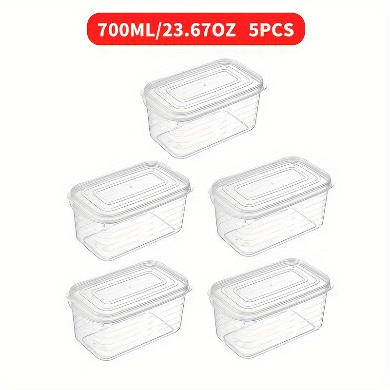 Five clear plastic food storage containers, ideal for organizing your fridge or taking on the go. Constructed from food-safe PP material.