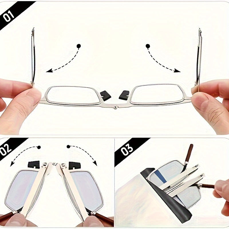 Rectangular full rim reading glasses with anti-blue light lenses, metal frame with mirror coating, and portable folding design for men and women.