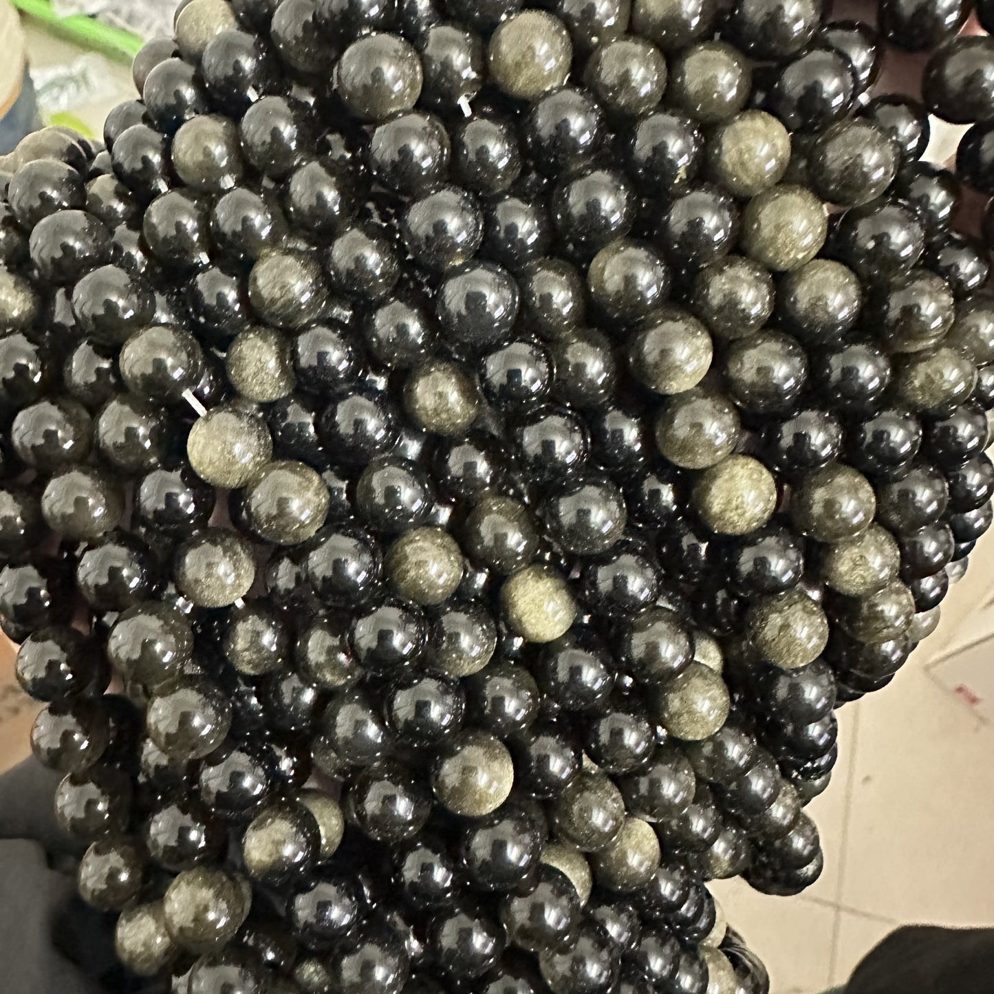 Golden Obsidian Loose Beads Set - 46 pieces of 8mm natural stone beads for DIY jewelry making, perfect for bracelets, necklaces, earrings. Create healing crystal jewelry with these beautiful accessories. Ideal for stringing beads and creating unique