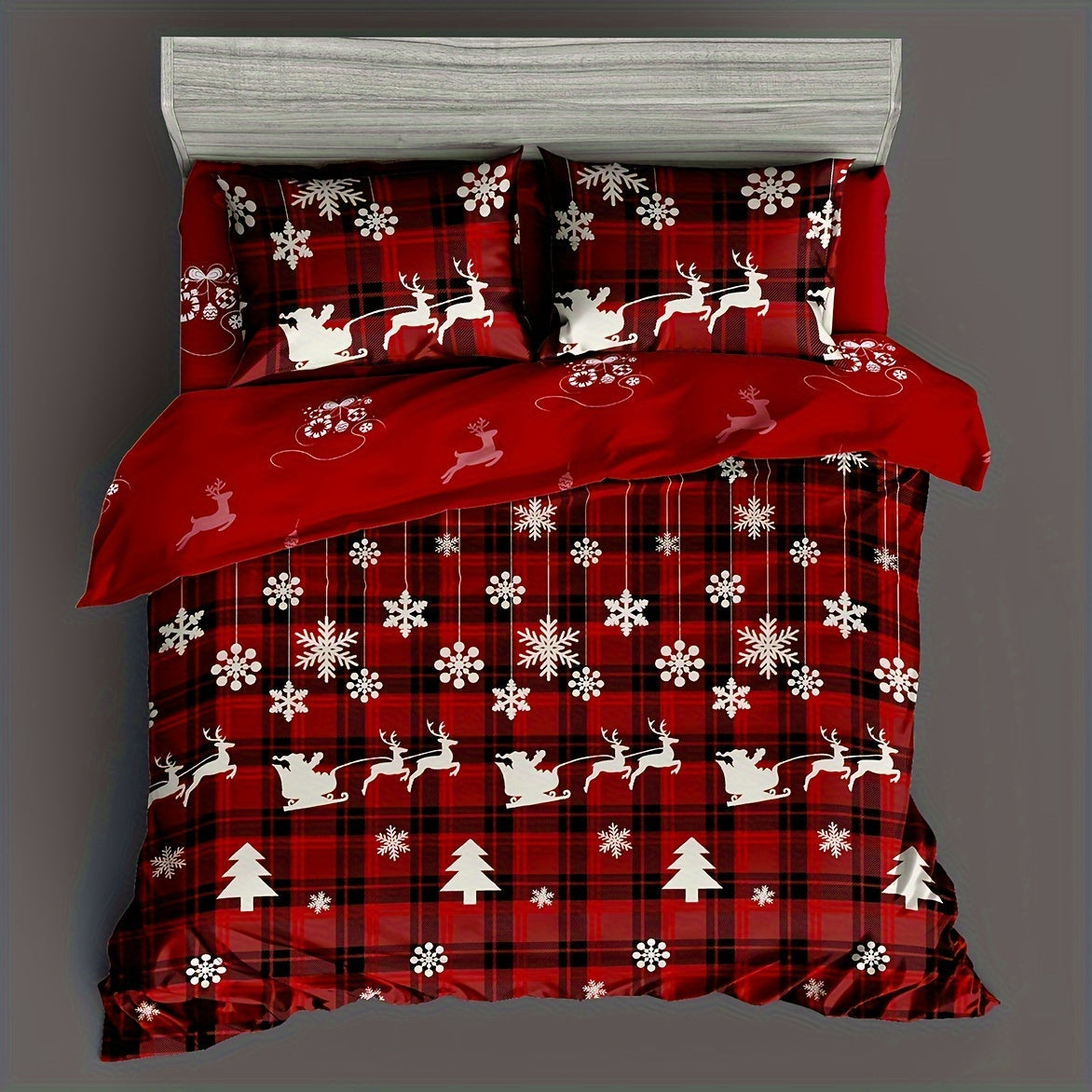 Christmas Duvet Cover Set includes 3 pieces featuring a Checkered Xmas Tree Elk Snowflake Print. This Soft and Comfortable bedding set is perfect for your Bedroom or Guest Room. Set includes 1 Duvet Cover and 2 Pillowcases. Note: Core not included.