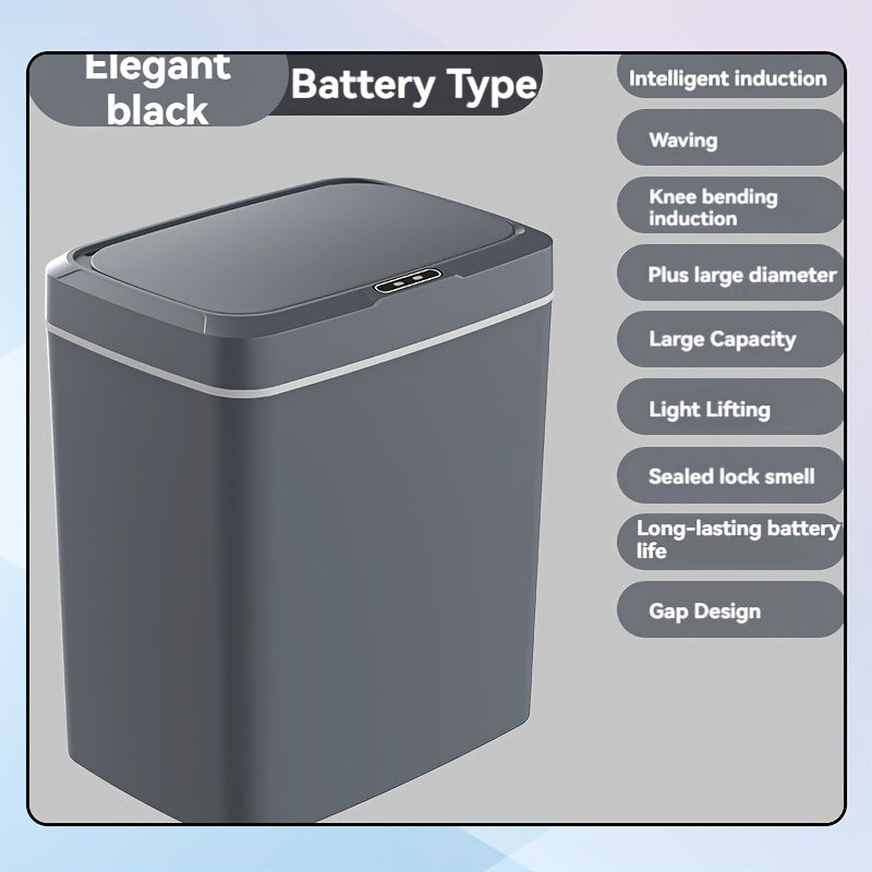 White smart trash can with automatic opening, infrared sensing, and button control for home and office use.