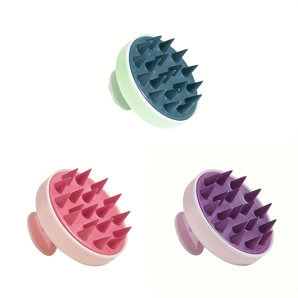 Silicone scalp massager with gentle exfoliating shampoo comb. No batteries needed, comes in 3 colors.