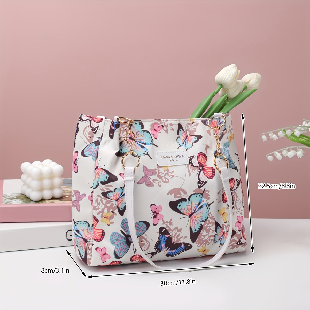 Stylish tote bag for women featuring a floral butterfly design, ideal for daily use and travel, also makes a lovely gift.