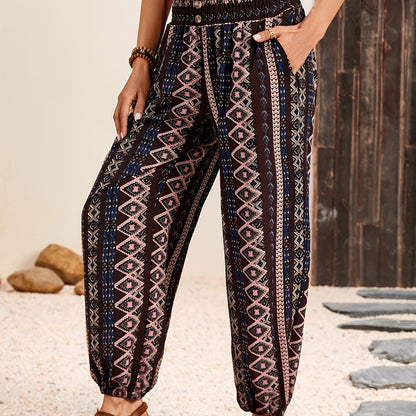 Ethnic style printed pants for women with pocket, button, and elastic waist in plus-size.