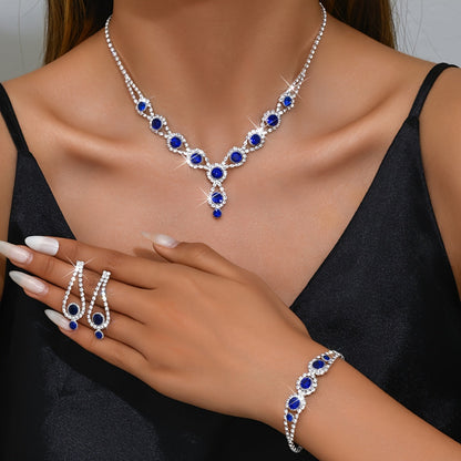 Chic Jewelry Set Featuring Silver Plated Copper and Stunning Blue & Black Rhinestones, Includes Necklace, Earrings, and Bracelet - Perfect for Parties, Weddings, and Any Season - Great Thanksgiving Gift Idea