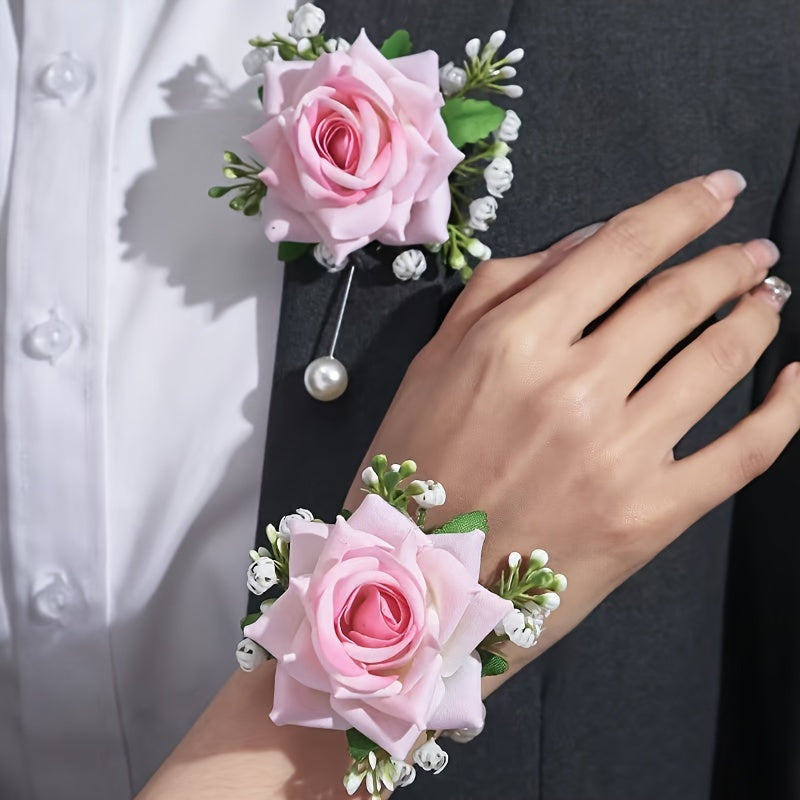 Bridal party accessories such as wrist and chest flowers resembling roses, suitable for bridesmaids, sisters, groomsmen, bride and groom, along with forest-inspired wrist flowers for a unique touch.