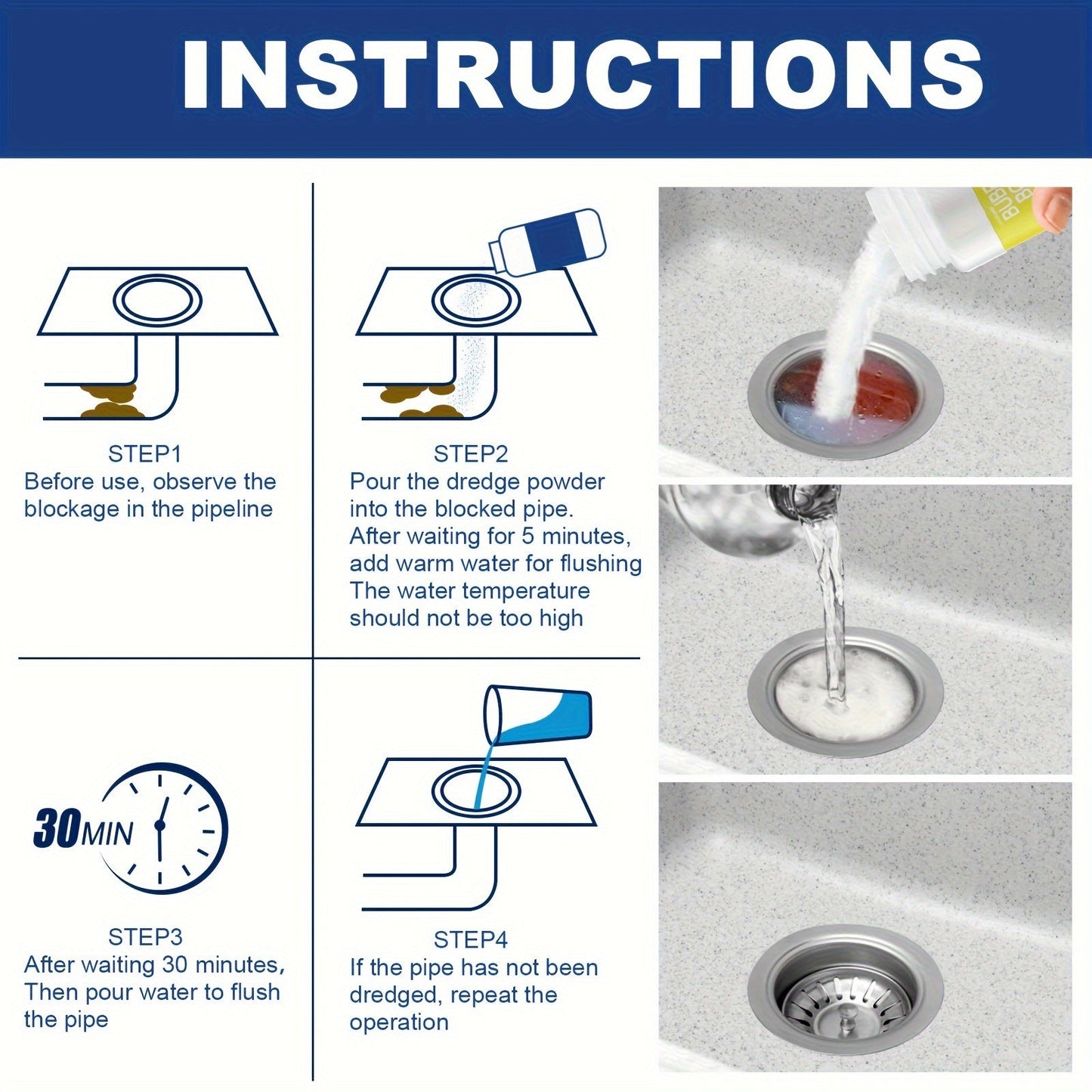 1 pack of Pipe Dredging Powder for dissolving toilets, toilet floor drains, kitchen sewers, oil blockages, and deodorizing. Specifically formulated for use in dissolving toilets, toilet floor drains, kitchen sewers, and oil blockages, and is ideal for RV