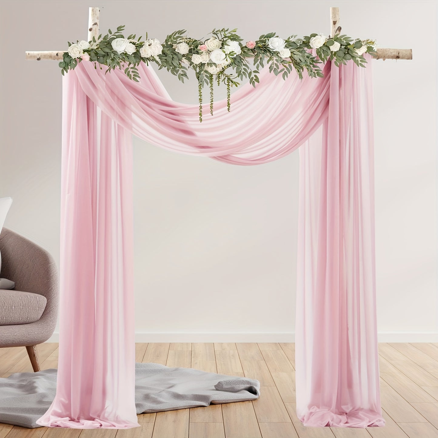 Polyester sheer fabric draping panel for wedding arch, backdrop curtain voile drapery for woodland ceremony, party decor, outdoor reception table runner.