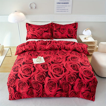 Set of 3 Duvet Covers, featuring a Romantic Red Rose Print, suitable for all seasons. This Soft, Comfortable and Breathable Bedding Set is perfect for the Bedroom or Guest Room. Includes 1 Duvet Cover and 2 Pillowcases, Core not included.