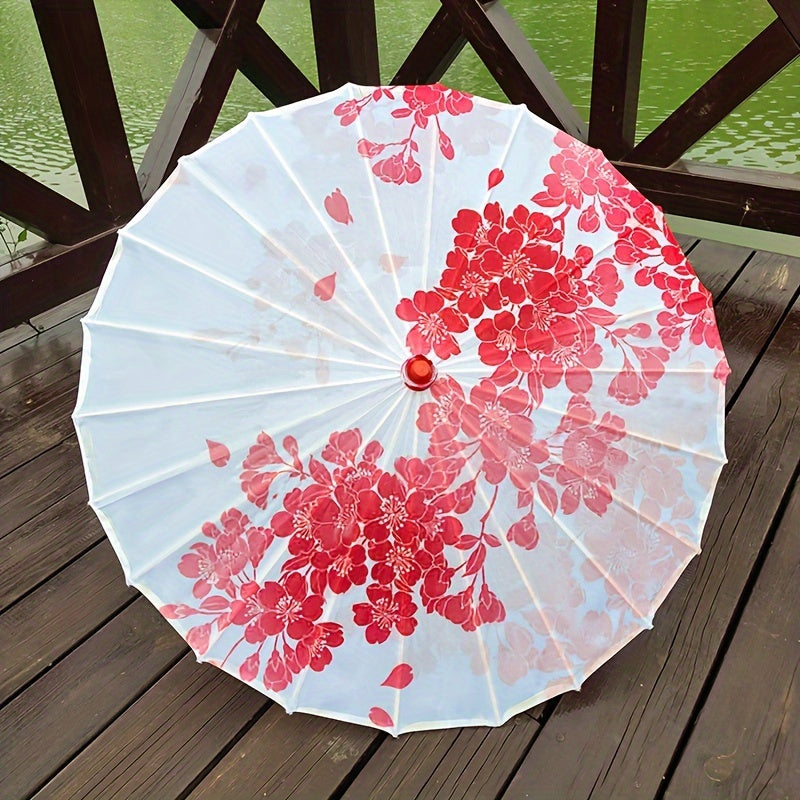 Chinese Flowers Parasol Umbrella with Cherry Blossom Sakura Floral Bamboo Handle for Sun and Rain Protection, Ideal for Weddings and Parties.